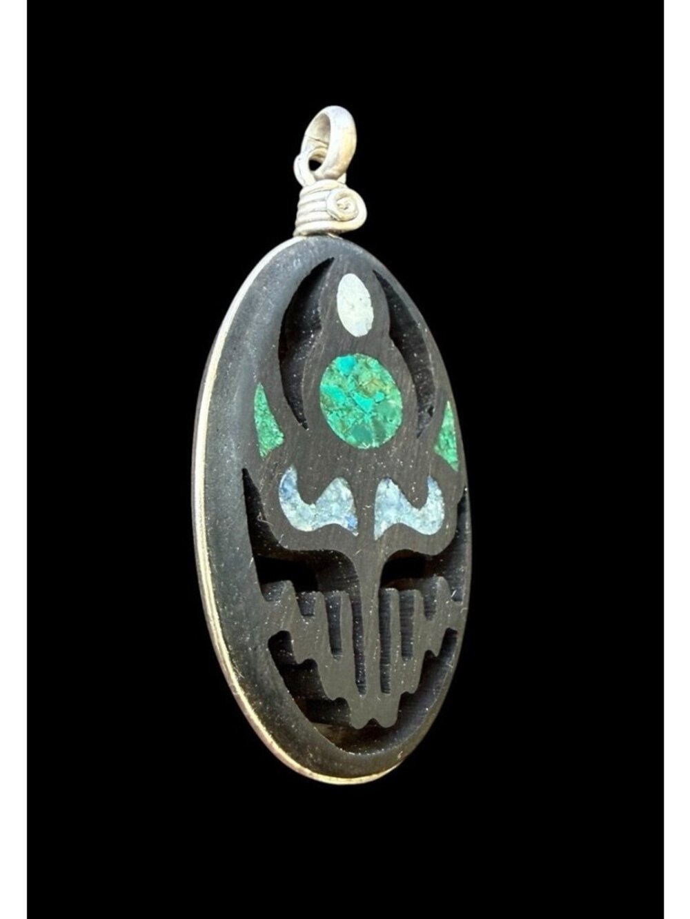 Ethnic Sterling Silver Pendant Aztec Multi Gemstone Teardrop Inlay Pendant